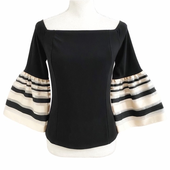 JOSEPH RIBKOFF BLACK BEIGE MESH TEE STRIPED BELL SLEEVE TOP - 8 - Picture 2 of 10